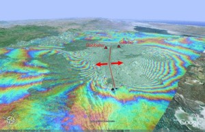 3D view of satellite radar measurement of how the ground moved in Sept 2005
