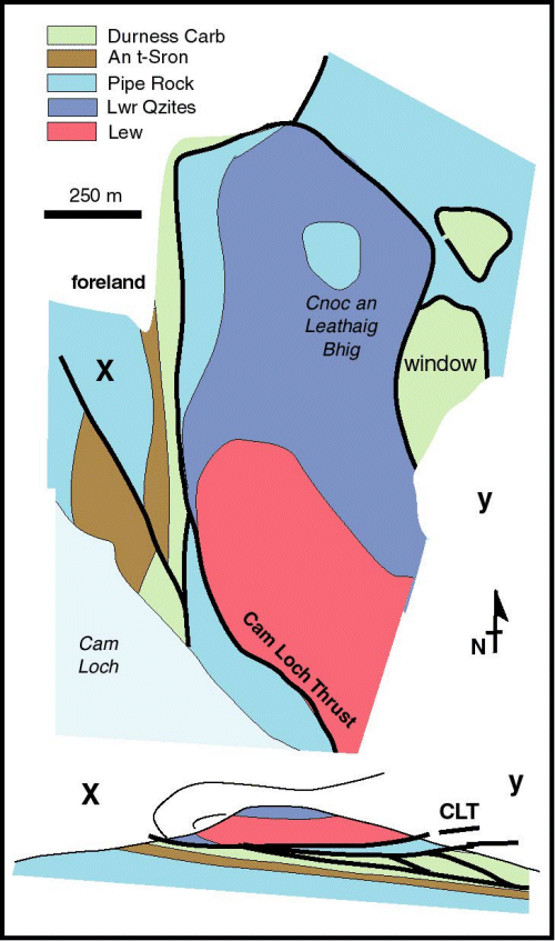 Simplified map and section of the Cam Loch klippe