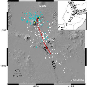 Distribution of earthquakes during 2005 rifting episode