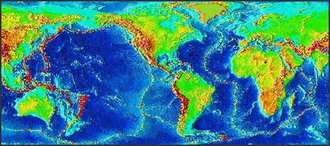 The distribution of active volcanoes (in red)