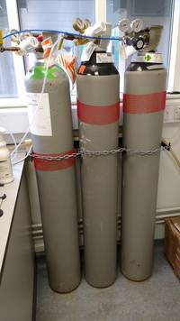 Gas cylinders and regulators.