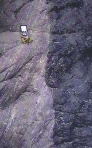 Migmatitic gneisses of the Nanga Parbat massif cross-cut by an amphibolite sheet.